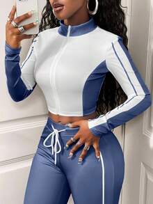 SHEIN BamGlam 女式休闲两件套，拼色设计，长袖拉链夹克和抽绳裤，秋季 - 藍白色 - 查看 3