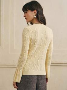 Cévolie Women's Solid Color Casual Twist Cable Round Neck Regular Shoulder Long Sleeve Knit Sweater - Yellow - View 2
