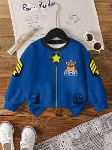 SHEIN | PAW Patrol 小男孩休闲日常通勤卡通狗徽章印花落肩宽松套头衫，秋季/春季 - 白色 - 查看 1