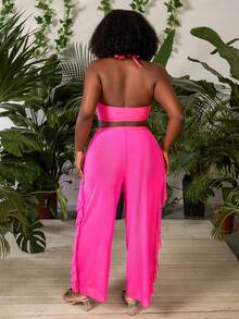 Slaydiva Holiday Beach Neon Color Plus Size 3 PiecesSwimsuit Set - Hot Pink - View 2