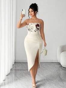 Elenzga Plus Size Beige Elegant Floral Print Strapless Dress, Summer Slim Fit Slit Waist Mesh Ruffle Hem Gown For Parties, Weddings & Galas - Apricot - View 6