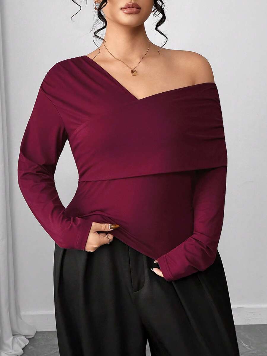 Selianne Plus Size Solid Color One Shoulder Long Sleeve Fitted Top - Burgundy - View 1