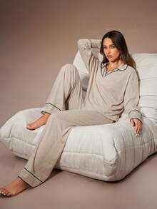 Lazeform Women's Autumn/Winter Turndown Collar Long Sleeve Contrast Trim Wide Leg Pants Pajama Set V Neck Lounge Wear Cozy Sets Women Knit Pajama Set Long Sleeve Lounge Set Lounge Wear Set - Khaki - View 6