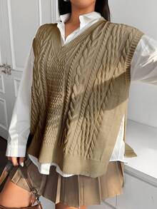 Flirla 大码女式 V 领休闲针织背心，带麻花图案和侧开衩下摆，秋冬 - 卡其色 - 查看 1