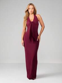 MISSGUIDED 吊带系带前开襟长裙，深V领露背设计，适合晚间及圣诞节场合。 - 酒紅色 - 查看 1