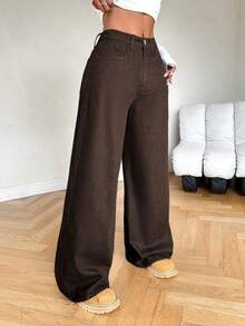 SHEIN PETITE 女士休闲宽松阔腿蓝色牛仔裤、复古牛仔裤、海军蓝牛仔裤、秋季女装、冬季女裤、蓝色返校节牛仔裤、女式喇叭裤 - 棕色 - 查看 5