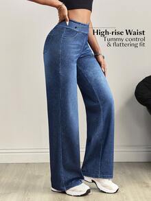 Flexra 中腰深色猫须做旧水洗针织牛仔阔腿裤 - 深色水洗藍 - 查看 5