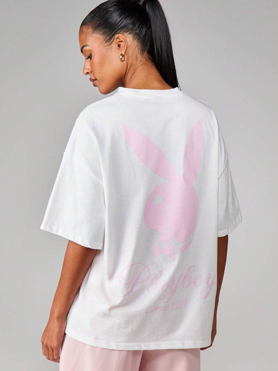 Missguided x Playboy 经典图案印花超大 T 恤夏季休闲街头装舒适剪裁圆领侧开衩棉混纺宽松剪裁柔软家居服 - 白色 - 查看 1