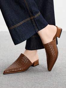 CUCCOO BIZCHIC 女式复古棕色编织压纹粗跟穆勒鞋 - 棕色 - 查看 4