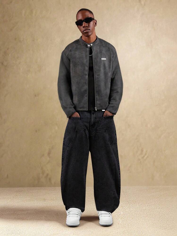 Calça Denim larga com bolsos aplicados e lavagem