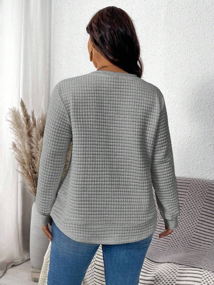 Plus Size Women's Grey Long Sleeve Crew Neck Minimalist Sweatshirt,Autumn Smart Casual Vacation Solid Color Pullover Top For Fall/Winter Daily Wear