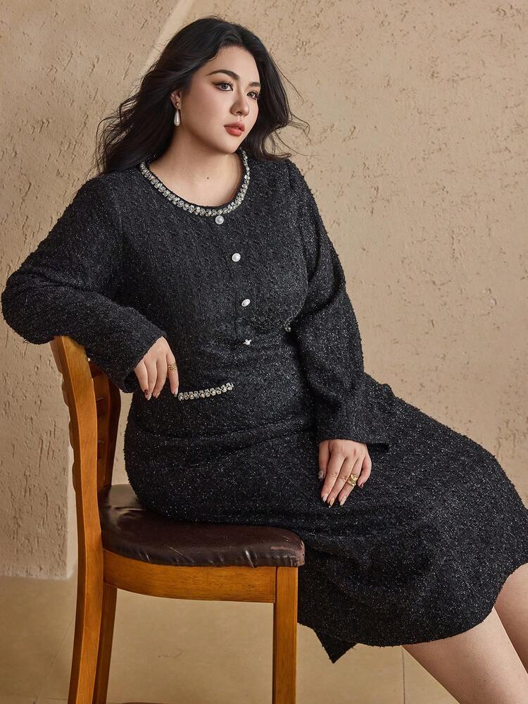 Dazy Plus Plus Size Rhinestone Decor Fitted Elegant Long Party/Date Dress For Women, Autumn/Winter Dress