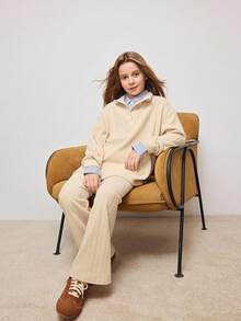 Tween Girls Casual Everyday Commute Simple Solid Color Ribbed Drop Shoulder Loose Half Zip Collared Hoodie And Straight Leg Sweatpants Set, Autumn - Khaki - View 5
