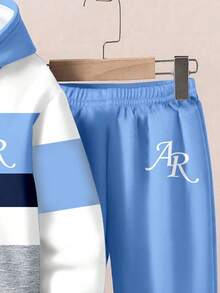 SHEIN 2 Stücke/Set Lässiger, stilvoller, klassischer Farbblock Loose Fit Hoodie Sweatshirt und Jogginghose Set für Kleine Jungen, geeignet für Herbst/Winter - Verschiedenfarbig - Übersicht 4