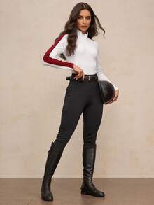 Activina Women's Contrast Color Minimalist Equestrian Long Sleeve Top - White - View 5