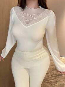 Dazy Plus Plus Size Women Contrast Lace Elastic Tight Fitted Cropped White Long Sleeve T-Shirt - White - View 5
