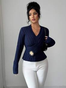 Elenzga Women's Ribbed V-Neck Long Sleeve Sweater, Fashionable For Autumn/Winter - Navy Blue - View 5