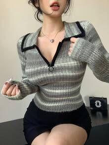 DAZY 女士时尚休闲修身性感针织毛衣，彩色扎染条纹撞色拼接毛绒半拉链套头衫，秋冬 - 灰色 - 查看 5