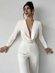 优雅现代通勤浪漫约会性感派对海滩度假深V领露背收腰长袖阔腿白裤，适合节日、婚礼、音乐节， - 杏色 - 查看 7