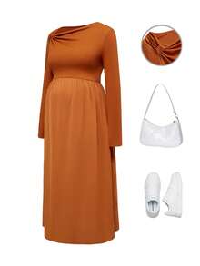 Modmama Elegant Maternity Photoshoot Dress, Pregnant Burnt Orange Asymmetrical Neck Twist Waist Solid Autumn Brown Modest Dress - Orange - View 6