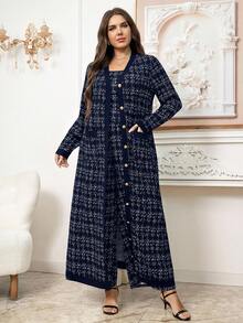SHEIN Clasi Bộ đồ liền thân ống rộng không tay họa tiết kẻ caro cỡ lớn dành cho nữ, mùa thu, áo khoác kim loại một hàng khuy dài - Màu xanh hải quân - Xem 12