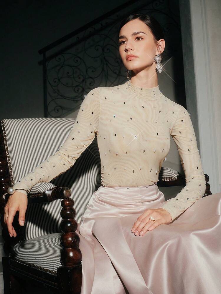 Women's Autumn/Winter New Mesh Long Sleeve Pearl Rhinestone Sexy Base Layer Top, Elegant T-Shirt