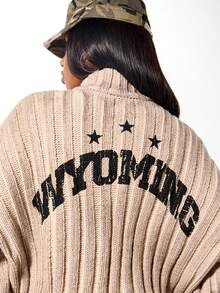 SUMWON WOMEN Áo khoác bomber dệt kim họa tiết ngôi sao cỡ lớn có họa tiết cũ kỹ, trang phục thường ngày mùa đông - Màu be - Xem 7