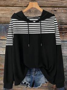 Linhara Sudadera casual de talla grande para mujer con rayas y parches de colores contrastantes, adecuada para uso diario y actividades al aire libre - Multicolor - Ver 1