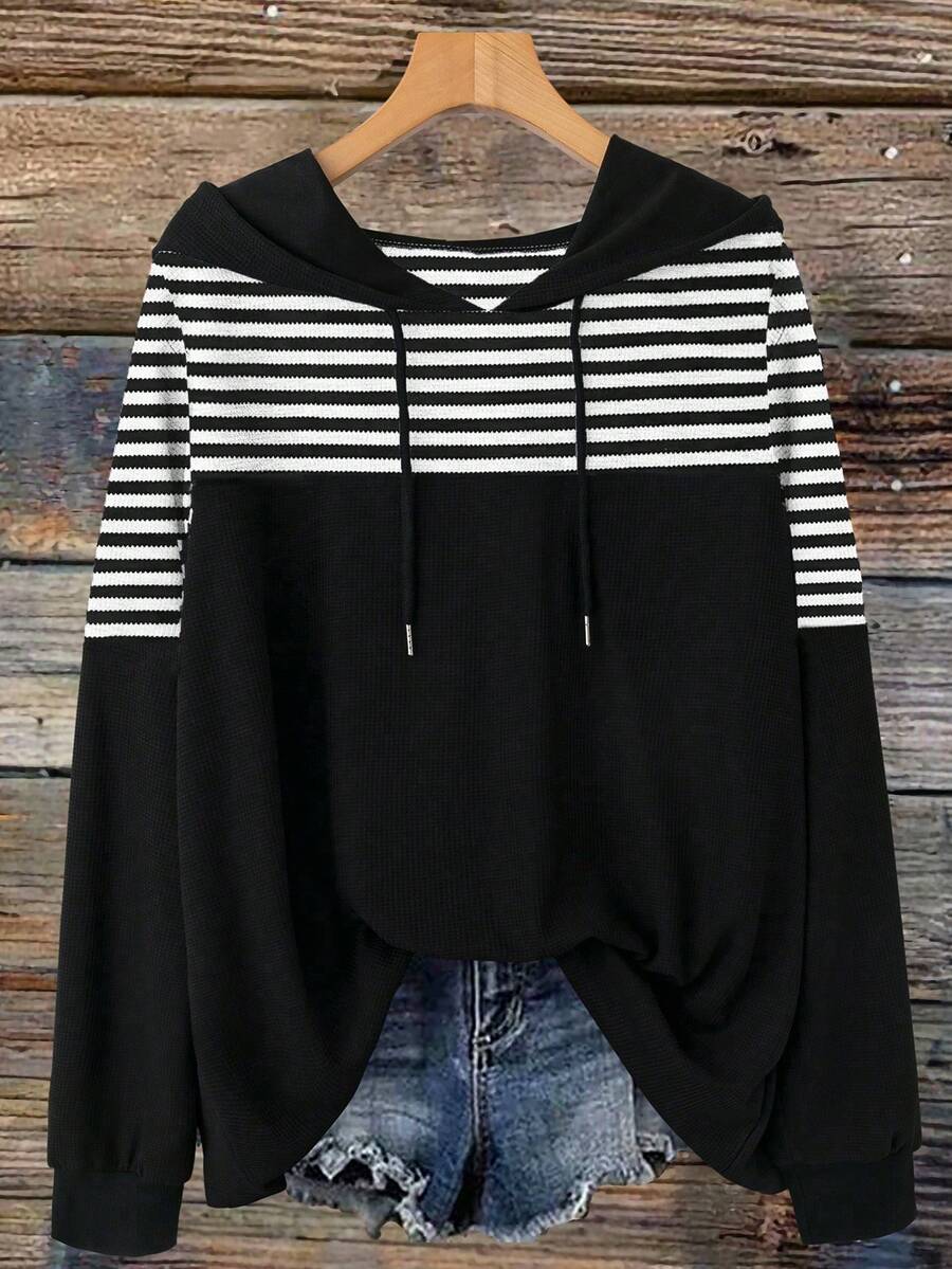 Linhara Sudadera casual de talla grande para mujer con rayas y parches de colores contrastantes, adecuada para uso diario y actividades al aire libre - Multicolor - Ver 1