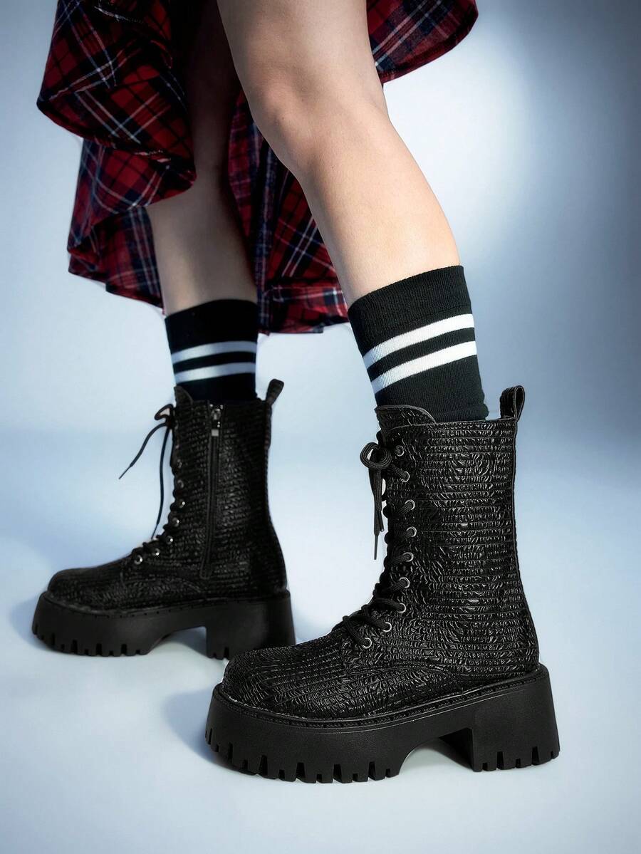 Sugerpunk Women's Dark Punk Goth Lace-Up Bat Motorcycle Boots, Platform Thick Sole Riding Ankle Boots For Christmas - Black - View 1