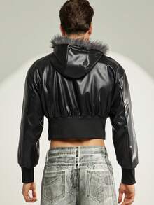 FeverCity 男式纯色长袖拉链连帽仿皮夹克，带毛领，适合秋冬 - 黑色 - 查看 2