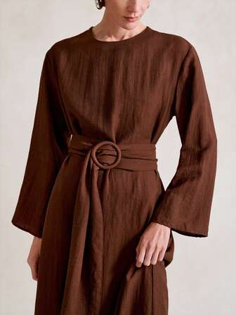 Aalyst Women's Solid Color Linen-Like Round Neck Loose Dress With Pockets, Waist Tie, Ring Buckle, Flowy Sleeves, Elegant Vintage French Street Style, Minimalist All-Match, Suitable For Autumn/Winter, Halloween, Christmas, Thanksgiving, Comfortable Home Wear