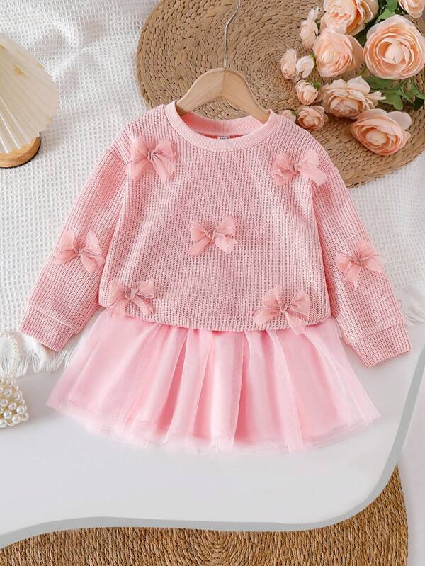 SHEIN Playful Pals Girls Toddler Bow Decor Sweater Top And Apricot Tulle Skirt Set, Casual Elegant Academic Style For Autumn/Winter