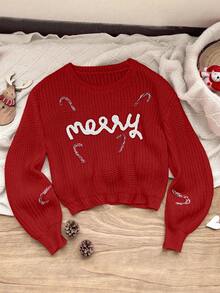 1pc Girls Merry Christmas Embroidered Letter Oversized Crew Neck Knit Sweater,Casual Autumn Red Pullover,Family Matching Red And White Gingham Tween - Red - View 3