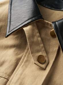 INAWLY Áo khoác da nữ dáng rộng nhiều túi cổ và tay áo tương phản - Màu Khaki - Xem 3