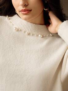 Anewsta 女士优雅设计串珠圆领修身休闲百搭开叉下摆毛衣，适合秋季、秋季、冬季、外出、优雅、正式、派对、别致、新年、圣诞节、工作、毕业、婚礼 - 杏色 - 查看 8