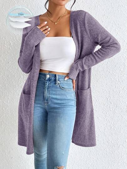 SHEIN Essnce Chaqueta con bolsillos dobles y frente abierto sin top camiseta para mujer en cardiganes de otoño/invierno, cardigán morado lavanda para mujer para verano, otoño, otoño para mujer, cardigán de invierno para mujer