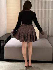 Vibekara 大码女式罗纹撞色针织上衣和松紧腰百褶中长裙两件套 - 彩色 - 查看 2