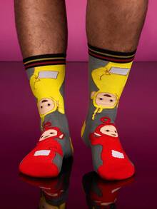 Teletubbies X SHEIN 2Pairs Soft & Breathable Moisture-Wicking Casual Men Mid-Calf Socks With Cartoon Pattern Fashionable Cute Grey & Black Crew Socks Reinforced Toe & Heel For Durability Unisex Women All Season All-Match Summer Winter