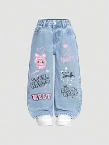 SHEIN ChillGRL Fashionable Young Girls Light Wash Denim Jeans With Playful Rabbit Heart And Letter Prints Straight Leg Long Pants Kids Fashion