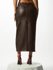 KIZN Falda lápiz de piel sintética de talle alto, falda columna de piel sintética de largo midi, moda de otoño e invierno - Marrón Chocolate - Ver 2