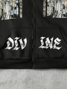 ROMWE MEN Goth Men's Fleece Collar Religious Letter Graphic Loose Zip-Up Hoodie Sweatshirt, Long Sleeve Top - Black - View 6