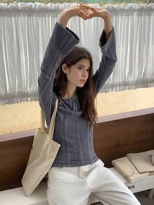 Dazy Kids Teen Girl Solid Color Round Neck Drawstring Flare Sleeve Fitted T-Shirt - Grey - View 1