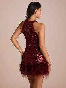 Enchnt Abito mini senza maniche con patchwork di paillettes, moda per feste