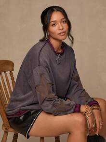 Freevana 大码女式休闲波西米亚嬉皮风格复古拼布刺绣圆领长袖 T 恤 - 咖啡棕 - 查看 6