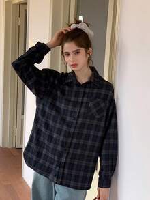 DAZY Teen Girl Casual Everyday Workwear Loose Fit Dropped Shoulder Plaid Print Long Sleeve Shirt, Spring/Autumn - Navy Blue - View 6