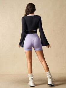 VARSIVA 交叉裹身喇叭袖短款运动 T 恤 - 黑色 - 查看 8