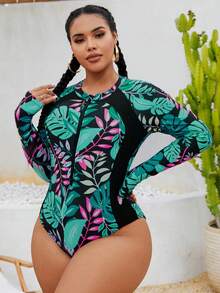 Swim SPRTY 加大码女式连体拉链前随机印花长袖修身泳衣，适合冲浪、运动、海滩、泳池 - 彩色 - 查看 4