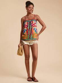 Travachic 女士度假印花宽松吊带背心，热带风情上衣，度假沙滩装上衣，时尚沙滩上衣，休闲度假，夏季假期，春假，派对，海滩，春季，情人节，墨西哥风情上衣，波西米亚风女式上衣 - 彩色 - 查看 3