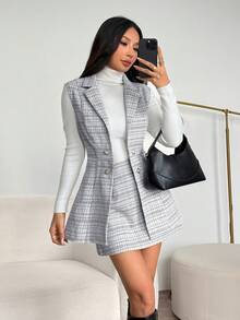 SHEIN PETITE 女式格子领双排扣背心和A字裙优雅粗花呢两件套秋冬女装套装简约日常穿搭老款通勤适合春秋冬季度假 - 灰色 - 查看 7